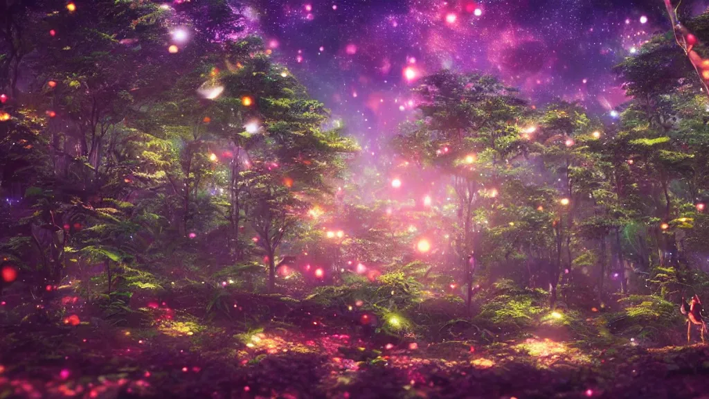 Image similar to beautiful lush magic glimmering mana forest, night sky with dazzling stars, fairies, fireflies, bokeh, octane render, unreal engine, raytracing, crystallized, intricate, hyper detailed, light rays, high quality cinematic anime style art