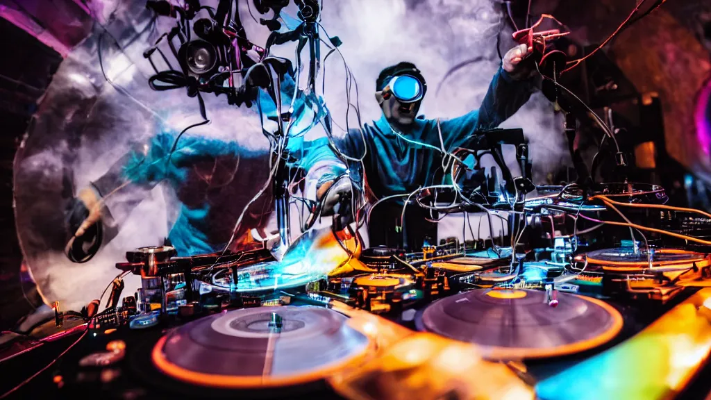 Image similar to a person wearing goggles and visor and headphones using a steampunk record player contraption, wires and tubes, turntablism dj scratching, intricate planetary gears, complex, cinematic, imax, sharp focus, iridescent, black light, fog, lasers