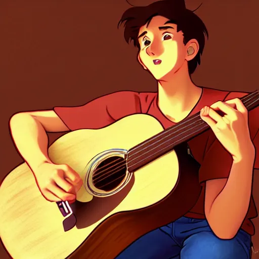 Image similar to teen boy with light brown hair and brown eyes, playing acoustic guitar, natural lighting, path traced, highly detailed, high quality, cartoon, digital painting, by don bluth and ross tran and studio ghibli and alphonse mucha