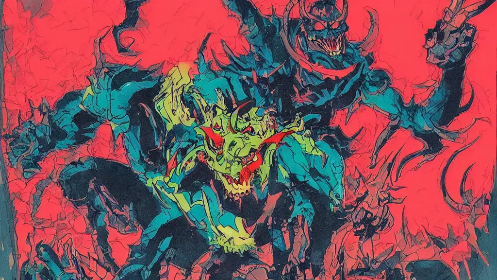 Prompt: An amazing illustration of a menacing demon in a small town, by Todd McFarlane. Cinematic. Bright color palette. Wide angle. Clean lines. Balanced composition.