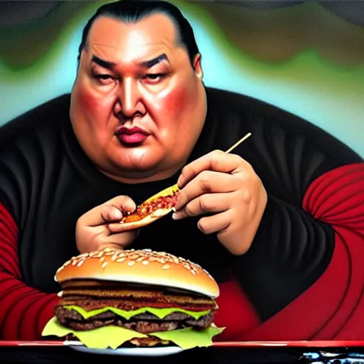 Image similar to Morbidly Obese Steven Seagal eating a mcdonald's big mac hamburger, dripping BBQ Sauce, serving burgers, intricate, elegant, low-brow kitsch grotesque, magical mystical, highly detailed, digital painting, artstation, concept art, matte, sharp focus, hyperreal, art by Artgerm and Greg Rutkowski and Alphonse Mucha