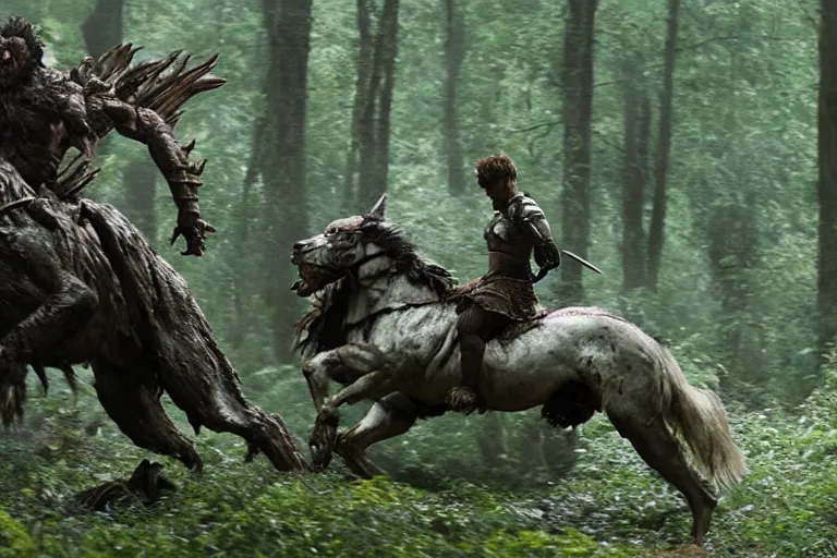 Image similar to vfx movie closeup detailed ancient armored warrior orc hunting riding large wolf in the forest, natural lighting by emmanuel lubezki