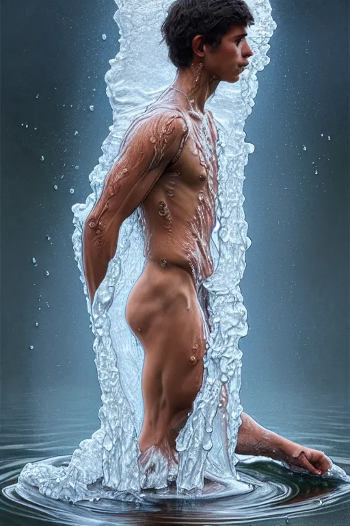 Prompt: body portrait of a young man made of water emerging from a lake, wearing a cloak, by terry o'neill intricate, elegant, highly detailed, digital painting, glistening skin, artstation, concept art, smooth, sharp focus, natural lighting, bright colors, illustration, art by artgerm and greg rutkowski and alphonse mucha, 8 k