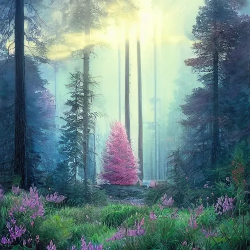 Image similar to solace, peaceful, clouds, beautiful, woods, trees, pine, nice view, gradient of pink and blue, mystical realistic poster with shaded lighting by craig mallismo, artgerm, jeremy lipkin and michael garmash, radiant light, detailed and complex environment, city, utopia, spirituality, sacred geometry, with implied lines