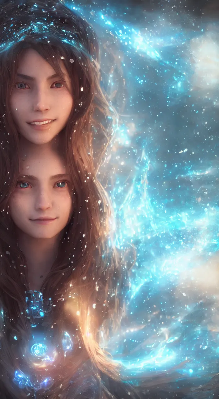 Image similar to Teenage female Mage, outdoors lighting, astral background, symmetrical face and body, confident, smile, detailed moisture, detailed droplets, detailed intricate hair strands, DSLR, ray tracing reflections, eye reflections, focused, unreal engine 5, vfx, post processing, post production, Arcane Style, 8k