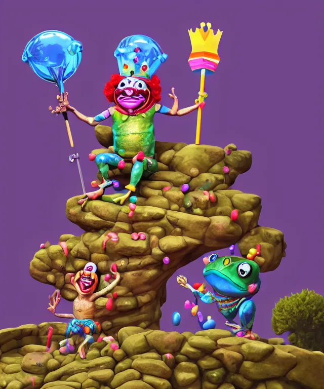 Image similar to clown frog king pulls the sword from the stone, clown frog king wearing clown makeup and rainbow wig, clown crown artwork by Todd Schorr, 3D rendering by Beeple