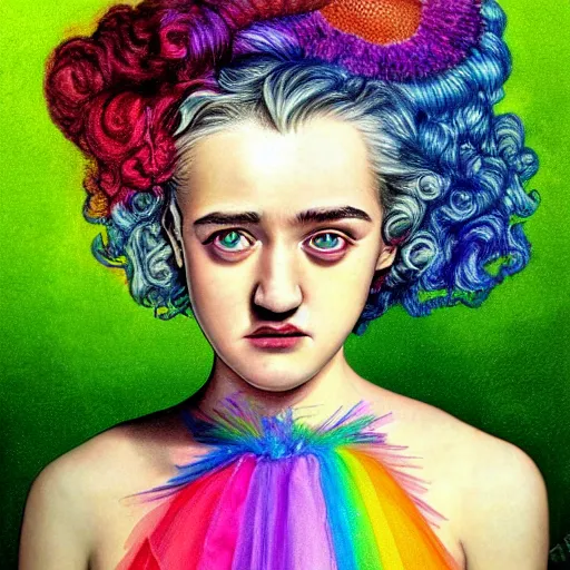 Image similar to surrealism psychedelic portrait sketch of julia garner as delirium of the endless in fishnet top and rainbow tutu skirt from the sandman, floating goldfish, green and blue eye heterochromia by alex ross, josh kirby, detailed, elegant, intricate