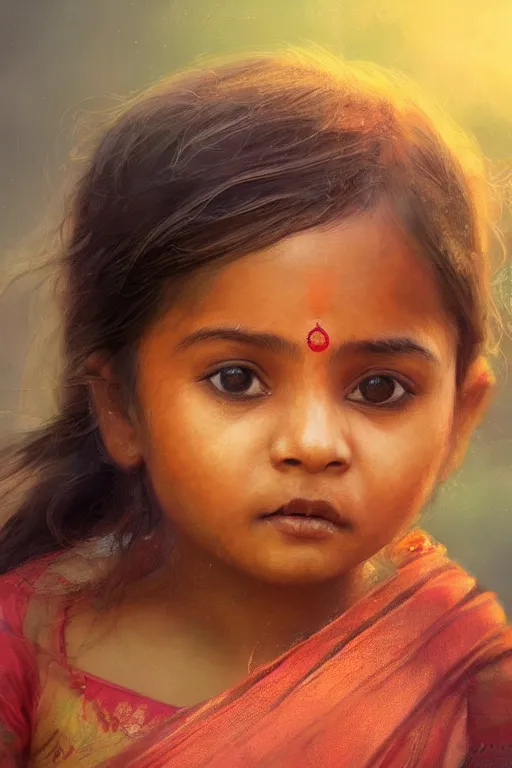 Image similar to hindu little girl, joyful, close - up portrait, intricate, elegant, volumetric lighting, scenery, digital painting, highly detailed, artstation, sharp focus, illustration, concept art, ruan jia, steve mccurry