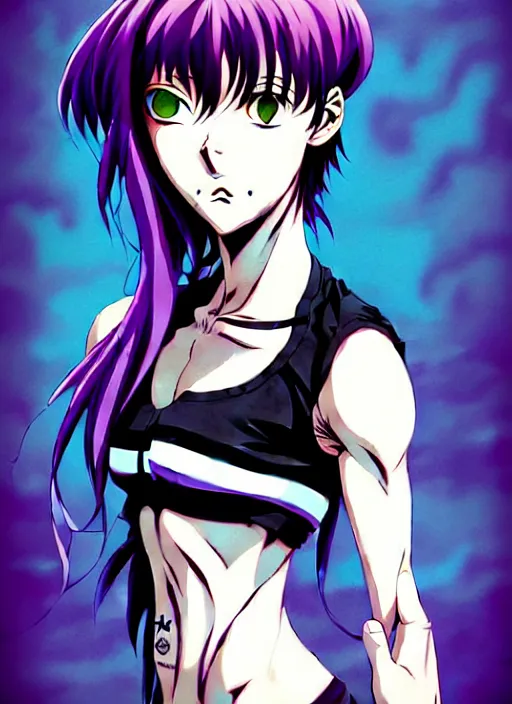 Image similar to style of madhouse studio anime, rei hiroe black lagoon manga, loish, artgerm, joshua middleton comic art, portrait of revy from black lagoon, purple hair, symmetrical eyes and symmetrical face, jean shorts, white tank top, waist up, sarcastic evil smirk on face, natural lighting, sky and ocean background