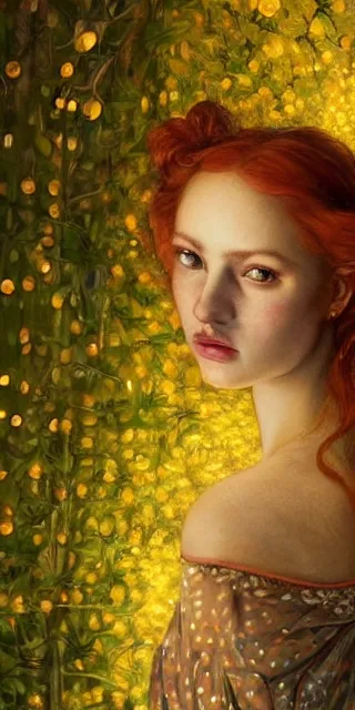 Image similar to a totally enchanted young woman surrounded by golden firefly lights in a mesmerizing scene, sitting amidst nature fully covered, intricate detailed dress, long loose red hair, precise linework, accurate green eyes, small nose with freckles, smooth oval head, expressive emotions, hyper realistic ultrafine portrait by artemisia gentileschi, jessica rossier, artgerm