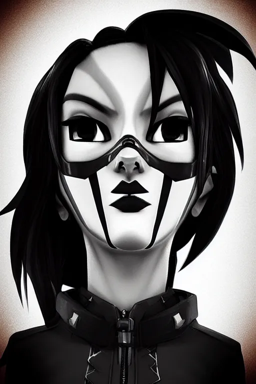 Image similar to “ digital drawing of tracer from overwatch in 3 d style, wearing black lipstick and black eyeliner, goth outfit, black hair, 4 k, detailed face, smirky expression ”