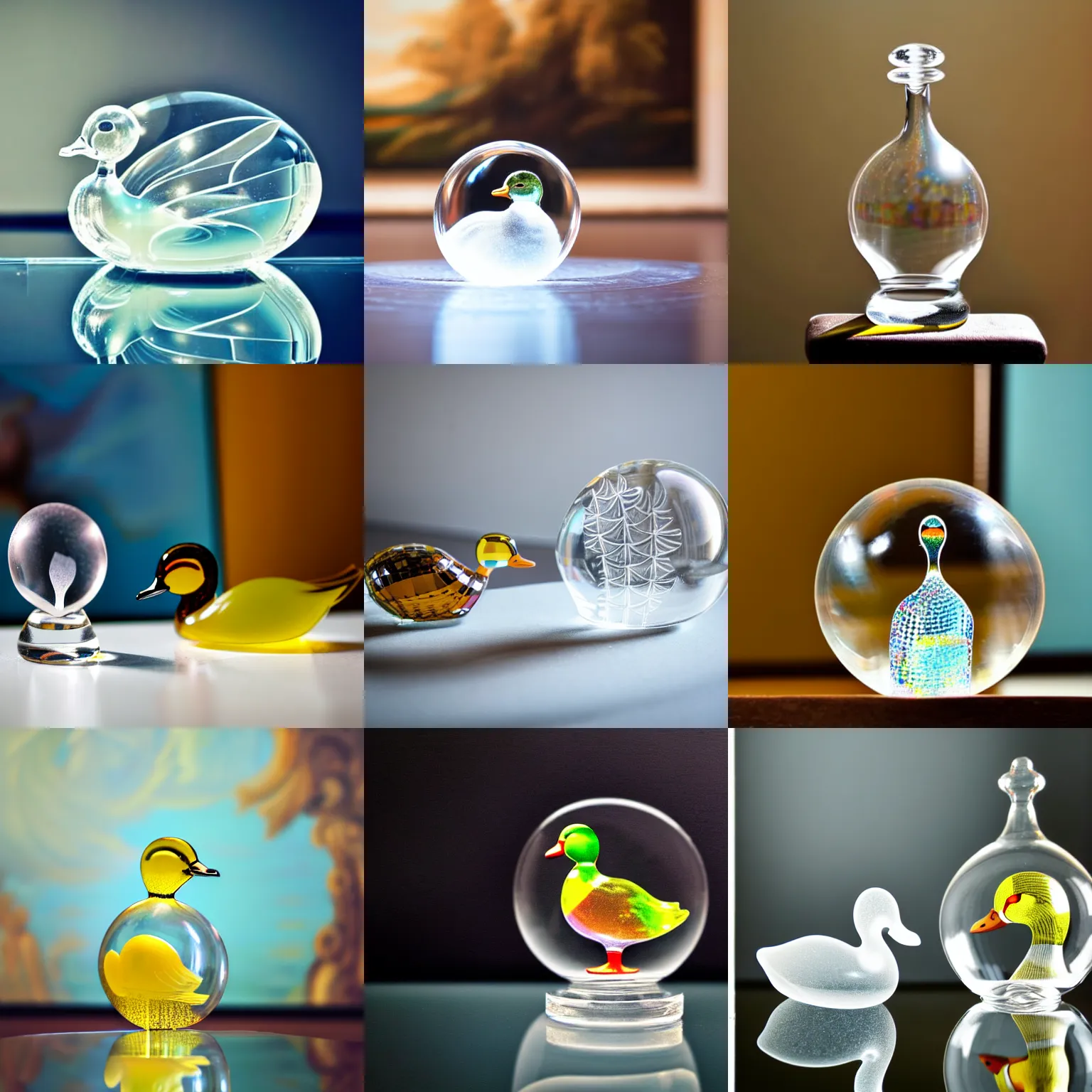 Prompt: a close up photo of a transparent clear [ vintage crystal art glass duck goose in front of a painting ] [ not opaque ] [ clear duck ]