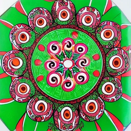 Image similar to 1960s illustrated peppermint candy mandala, highly detailed, giant peppermint candy in the center