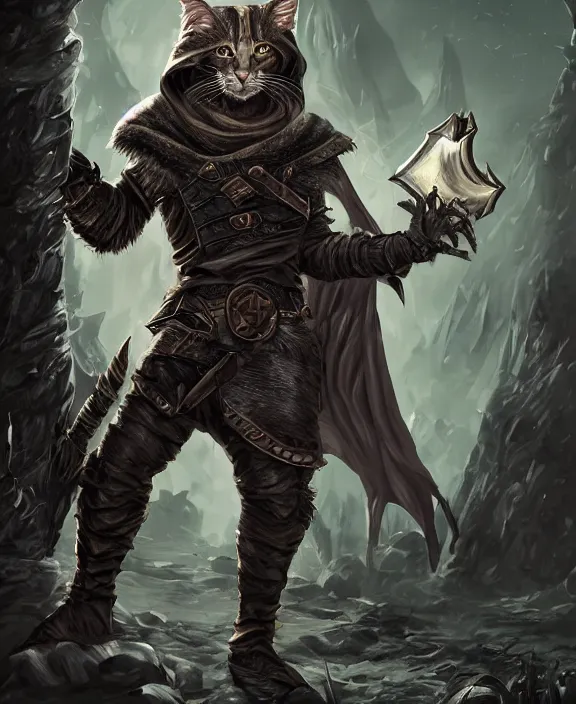 Image similar to humanoid male khajiit rogue with a scar on left eye, wearing leather armor with a hood, mainecoon cat features with jet black fur, far - mid shot, magic the gathering, fantasy