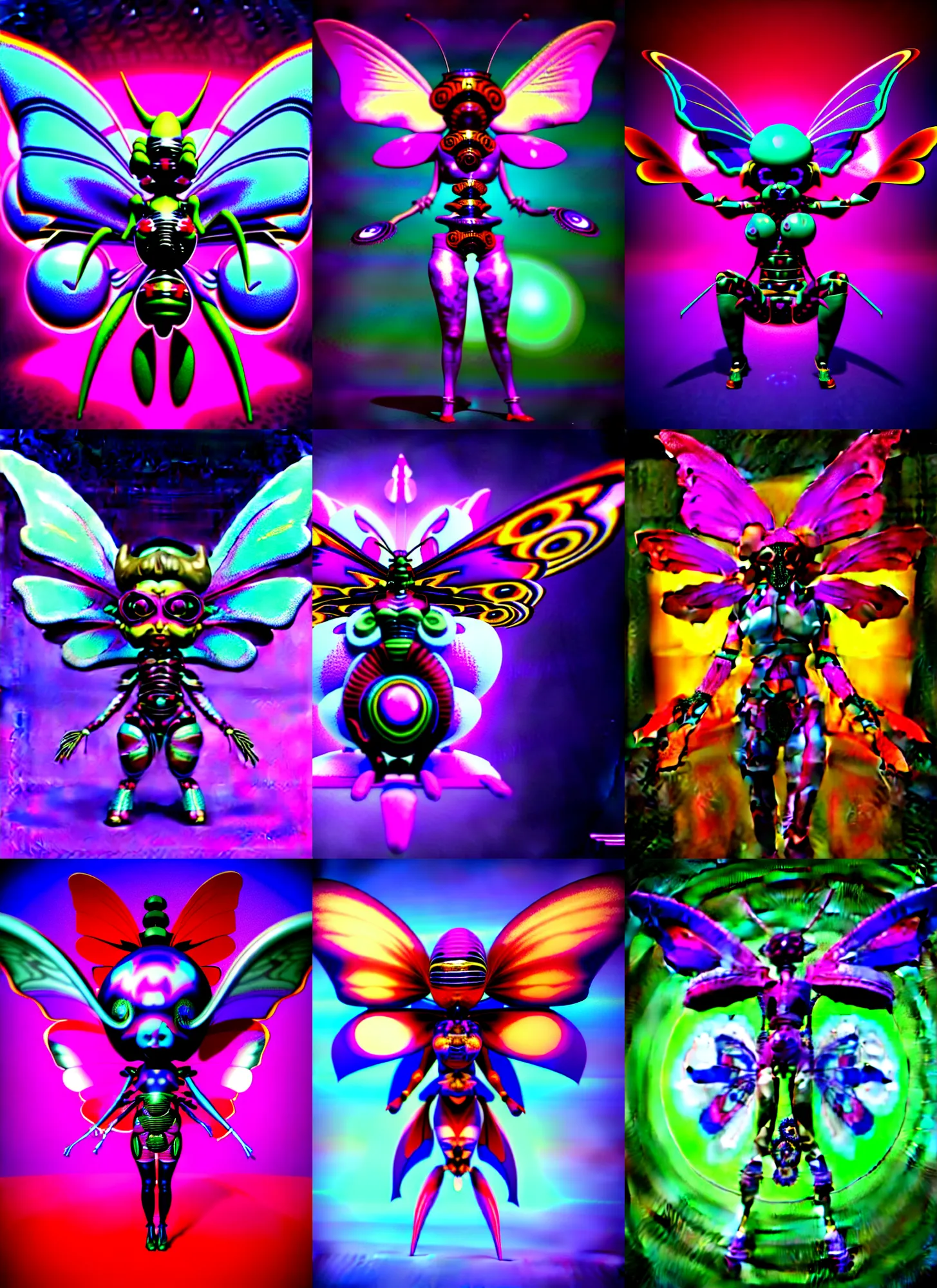 Prompt: retro 3 d rendered raytraced chibi cyborg demon butterfly on a background is a a psychedelic swirly orbs with 3 d rendered butterflies and 3 d rendered flowers n the style of early cg graphics, micha klein, 3 do magazine, 3 d artstation, medium wide front shot