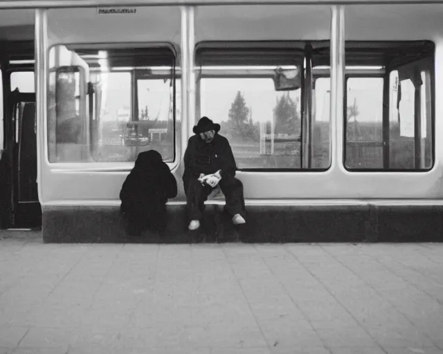 Image similar to a lomographic photo of russian lone man sitting in bus station at early evening in small town, cinestill, bokeh