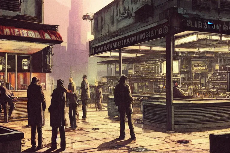 Prompt: detailed ultra - realistic graphic novel illustration of cyberpunk postapocalyptic desolate industrial bar by edward hopper and gregory crewdson, cinematic, full shot, ian miller, wayne barlowe, greg rutkowski