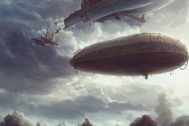 Image similar to An airship flying through the clouds towards a steampunk city, epic fantasy style, highly detailed, photorealistic, reflections, smooth, sharp focus, concept art, illustration, beautiful, geometric, trending on artstation, cinematic, featured on behance , artwork by WLOP and Tran, Ross