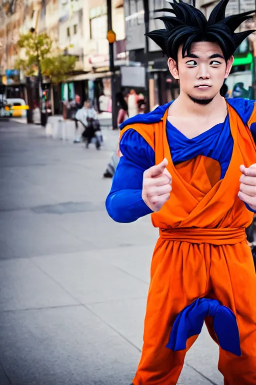 Prompt: portrait Goku from DragonBall Z as a real human, photojournalism street photography, 50mm lens