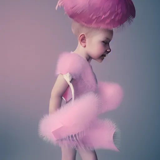 Prompt: little girl wearing an dress made of baby pink feathers, art by ilya kuvshinov, 8 k, concept art, gracious, realistic cgi