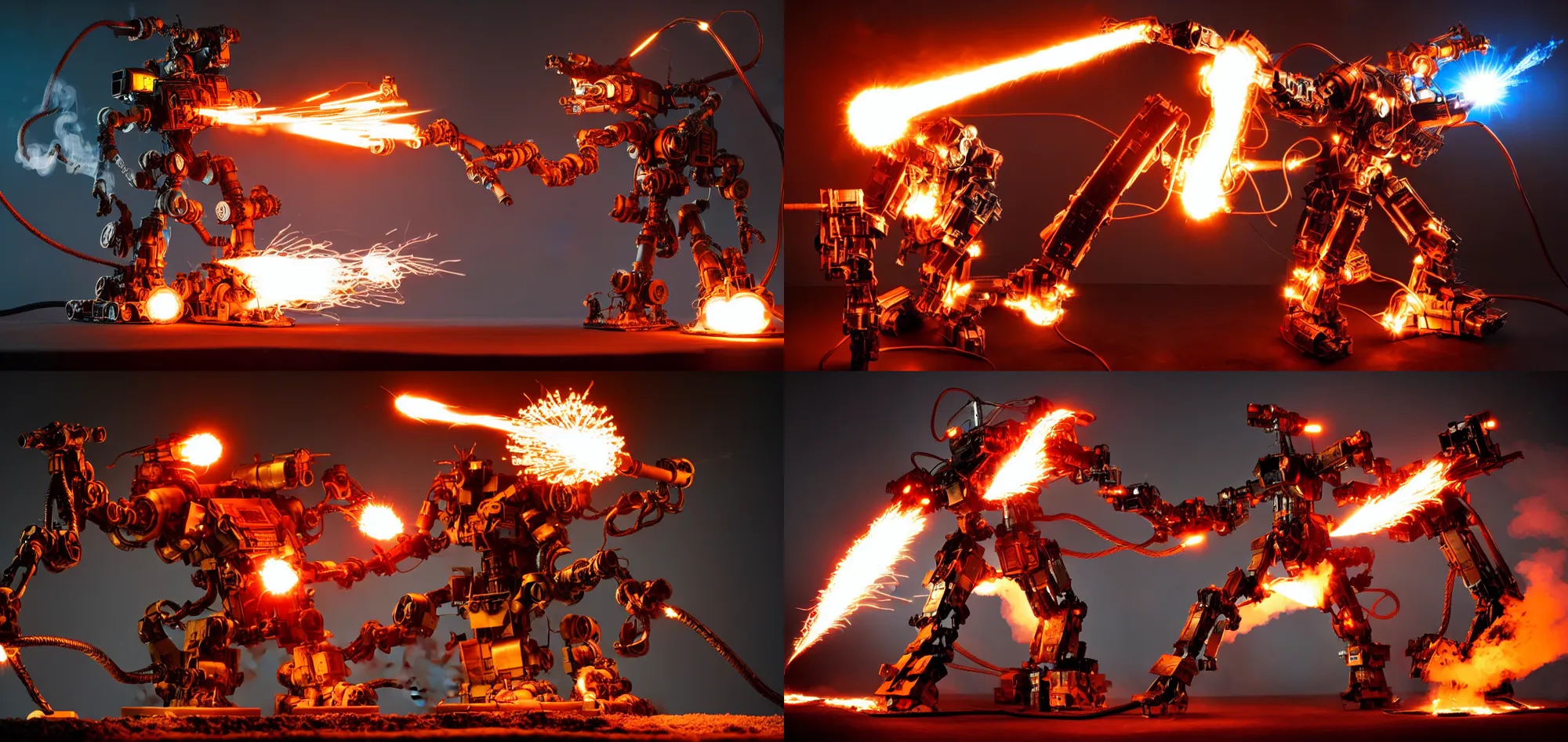 Image similar to Mecha machine battle smoking flamethrower, fire, hanging wires and lights, electricity, metal gear