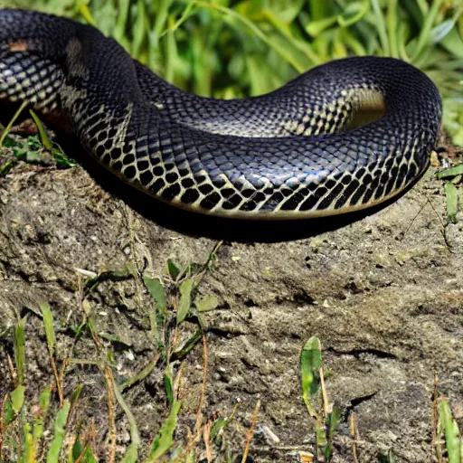 Prompt: big black snake with amber eyes, far shot