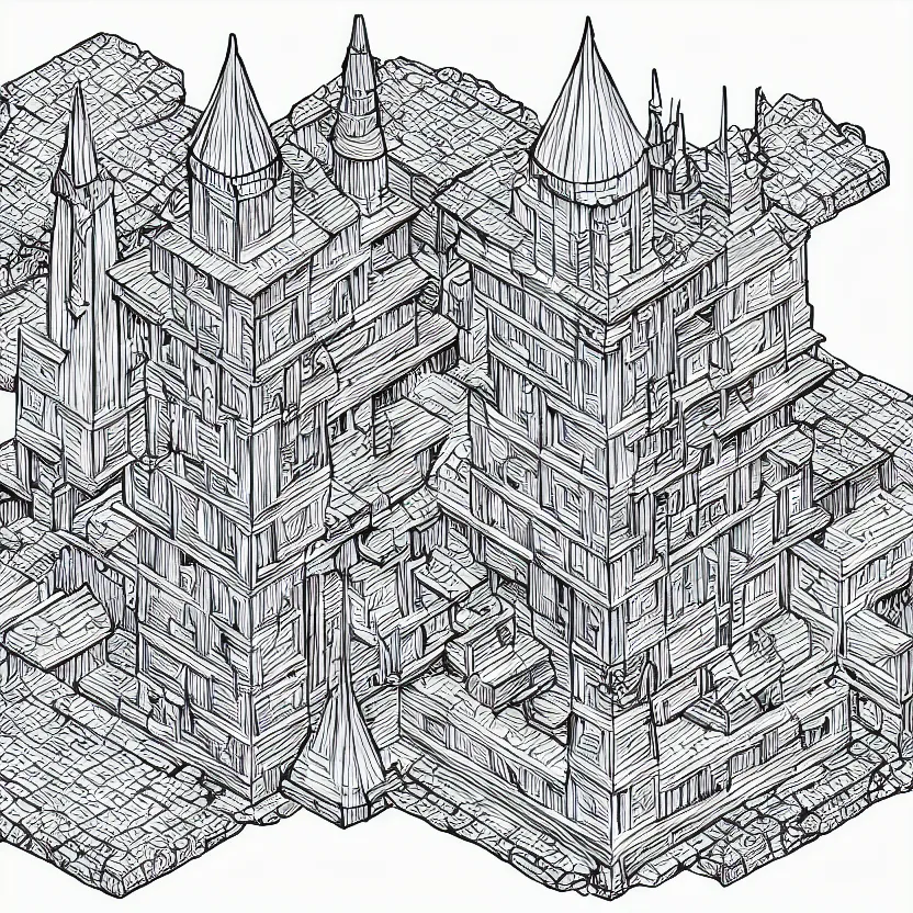 Image similar to isometric view of a wizard's tower, lineart