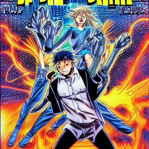 Image similar to chip and pin trip, manga comic book cover, action, explosions, by alex grey