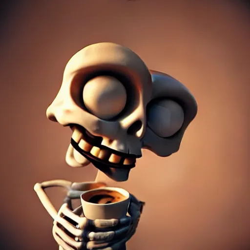 Image similar to portrait of a funny skeleton character holding a cup of coffee. pixar style animation 3 d extremely gloomy lighting, shining light and shadow, atmospheric, cinematic, unreal engine, 8 k