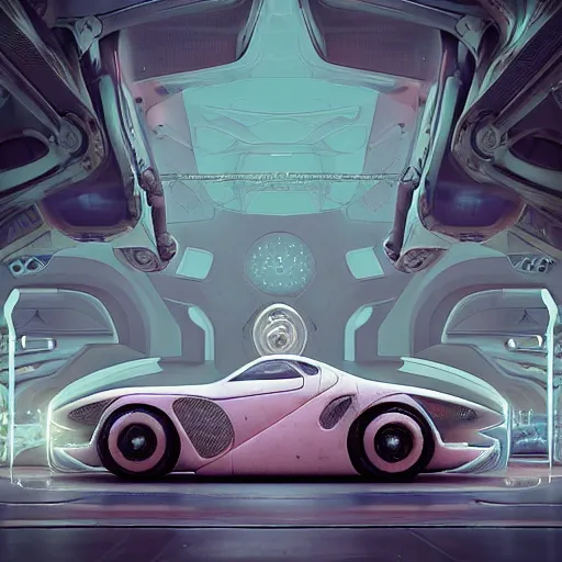 Prompt: cyborg cyber vintage supercar slick, pastel tones : by michal karcz, daniel merriam, victo ngai and guillermo del toro : ornate, dynamic, particulate, intricate, elegant, highly detailed, centered, artstation, smooth, sharp focus, octane render