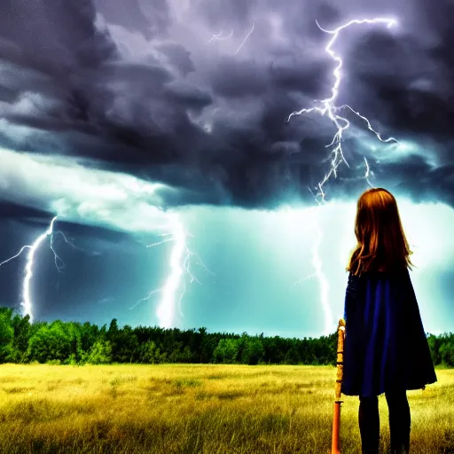 Image similar to young girl playing flute, birch forest clearing, storm at night, lightning dragons race down toward her, low angle facing sky, cinematic, dramatic lighting, big storm clouds, high contrast