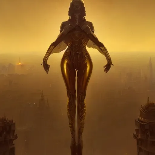 Image similar to a golden android stands alone in a vast city, fog, volumetric lighting, intricate, elegant, highly detailed, digital painting, artstation, concept art, smooth, sharp focus, art nouveau, art by artgerm and greg rutkowski and alphonse mucha