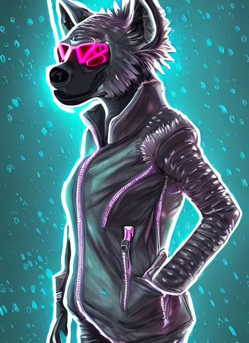 Prompt: cell shaded digital drawing of anthromorphic hyena female, fursona, furry fandom, neon rainy cyberpunk setting, anthro, wearing cyberpunk leather jacket, detailed face,