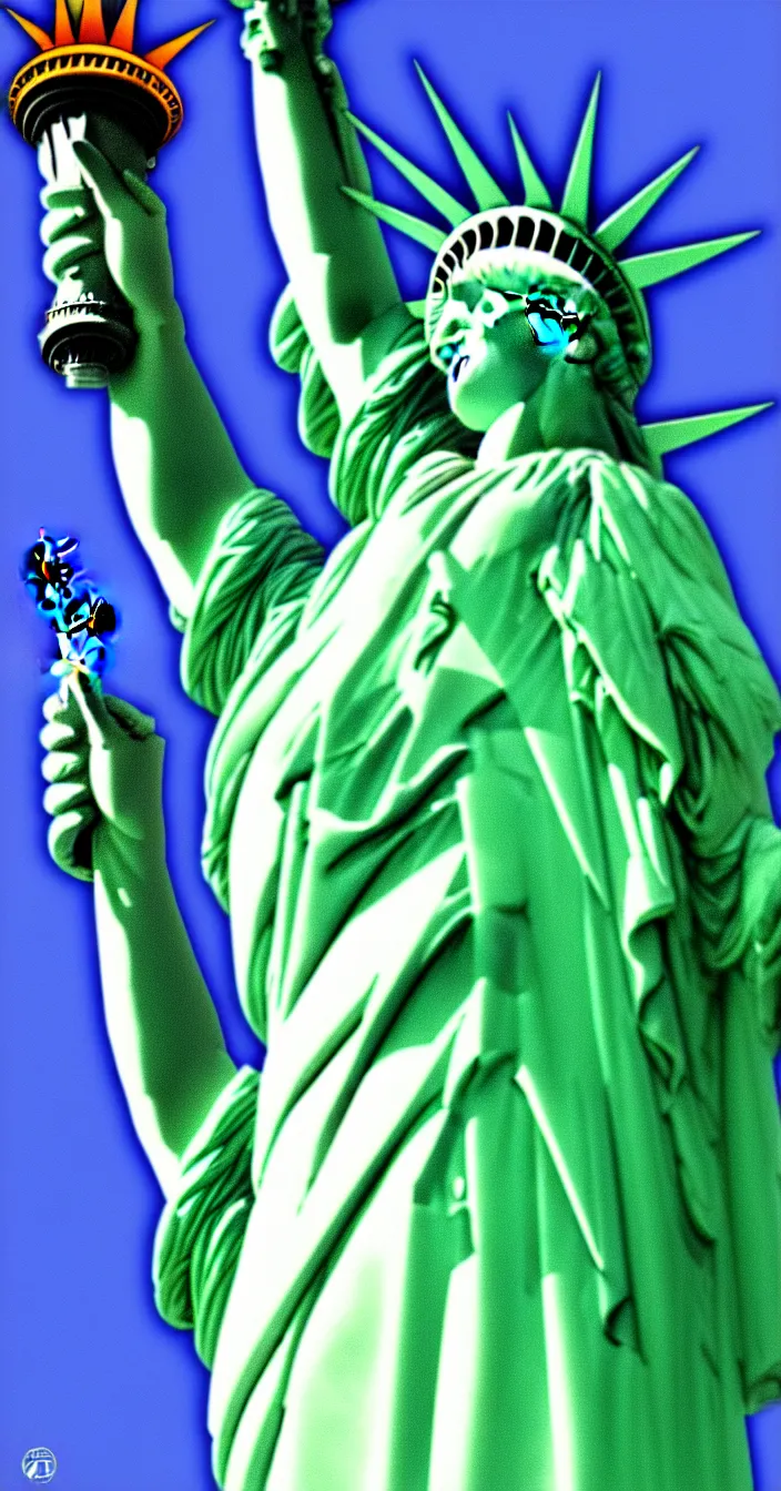 Prompt: the statue of liberty laughing like a madman, digital art