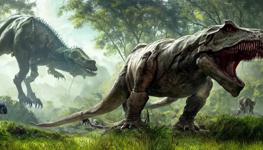 Image similar to A machinated dinosaur hybrid of a BEHEMOTH strolling along a lush green forest from the playstation 5 game Horizon:Zero Dawn world, the T-Rex is part machine part dinosaur, sci-fi concept art, highly detailed, oil on canvas by James Gurney