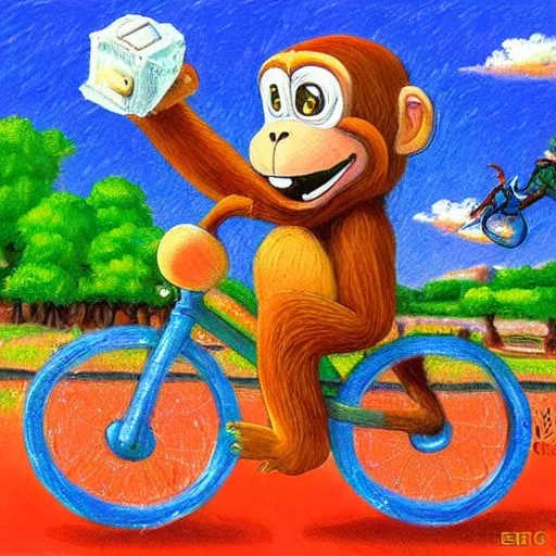 Prompt: a monkey riding a bike by eric joyner