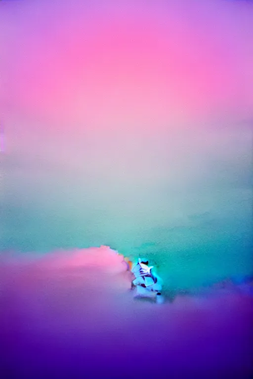 Image similar to high quality pastel coloured film close up wide angle photograph of a model wearing clothing swimming on cloud furniture in a icelandic black rock!! environment in a partially haze filled dreamstate world. three point light, rainbow. photographic production. art directed. pastel colours. volumetric clouds. pastel gradient overlay. waves glitch artefacts. extreme facial clarity. 8 k. filmic.