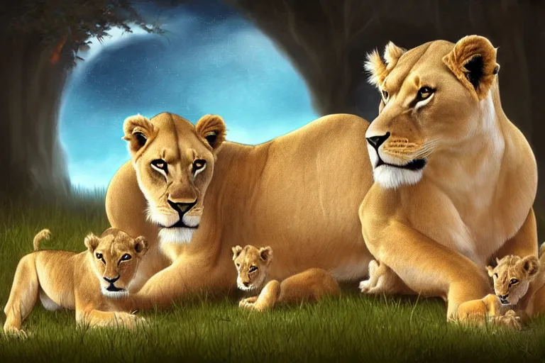 Image similar to beautiful aesthetic digital illustration of a lioness with a litter of baby cubs by Lisa Parker and Anne Stokes, matte background, deviantArt, artstation, trending on artstation
