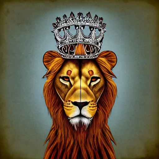 Prompt: a picture of a lion with a crown on its head, an album cover by christian hilfgott brand, deviantart, excessivism, artwork, official art, logo