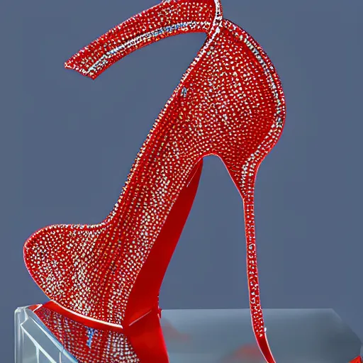 Prompt: High heels, futuristic, red soles, curved, with sparkling gems on top, realistic, showcased on a shelf, high detail, photorealistic, shining