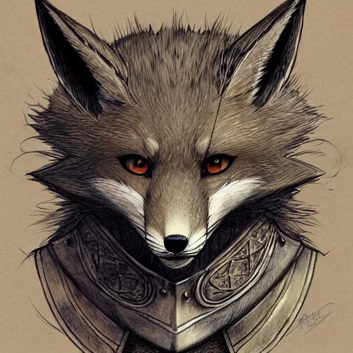 Image similar to heroic character design of anthropomorphic fox, whimsical fox, portrait of face, holy crusader medieval knight, final fantasy tactics character design, character art, whimsical, lighthearted, colorized pencil sketch, highly detailed, Akihiko Yoshida