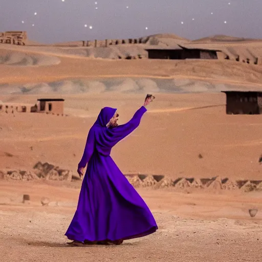 Image similar to low shot photo of feminine and lean arab woman wearing a long purple dress, strutting and looking fierce, with najdi mud houses in the background, early evening, starry sky, in the style of annie leibovitz amd steve meiele