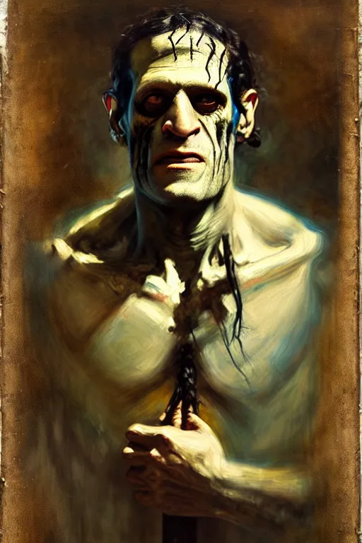 Image similar to photograph imax and solomon joseph solomon and richard schmid and jeremy lipking victorian loose genre loose painting full length portrait painting of frankenstein