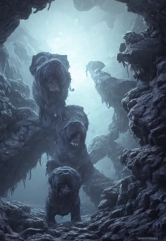 Image similar to three lovecraftian rabies mastiffs attacking inside a claustrophobic dark blue canyon of stone, foaming at the mouth, like ink in water, tapetum lucidum, monsters, digital art, greg rutkowski, unreal engine, octane render, cinematic lighting, highly detailed