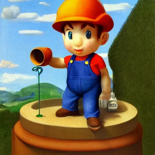 Image similar to an italian plumber emerges from a green pipe wearing blue overalls by Raphael, Hopper, and Rene Magritte. detailed, romantic, enchanting, trending on artstation.