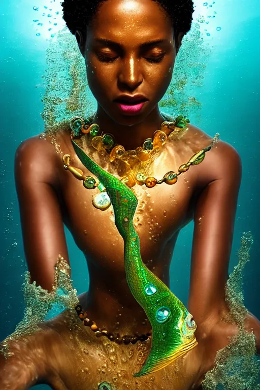 Image similar to hyperrealistic cinematic half underwater scene with fish and algae, very expressive! translucent elegant african goddess getting out of water, gold jewerly, highly detailed face, digital art masterpiece, aykut aydogdu zener, dramatic volumetric light, long shot, low angle uhd 8 k, sharp focus