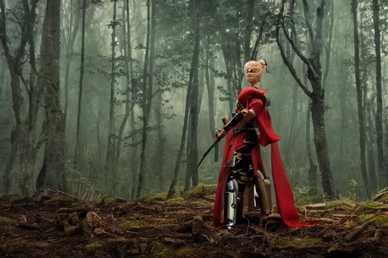 Image similar to vfx movie scene closeup futuristic nomad cyborg warrior viking geisha in a smoldering forest. by emmanuel lubezki