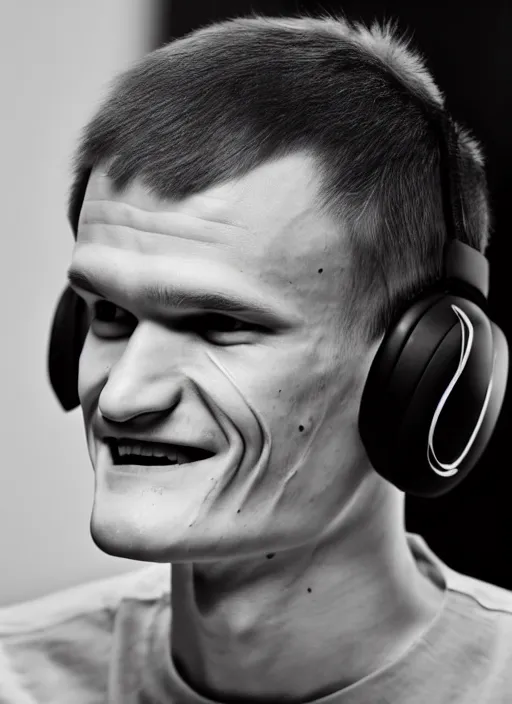 Prompt: beautiful smiling face, perfect symmetric face, coherent eyes, medium shot. vitalik buterin in headphones. vitalik buterin, medium shot, high detail, very sharp, 4 k