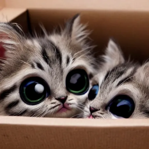 Image similar to cute fuzzy kittens in a cardboard box starting up at you with huge eyes, adorable, pixar