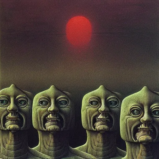 Image similar to highly detailed dystopian surreal painting of eerie grinning head statues and buildings by zdzisław beksinski